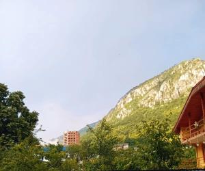 a mountain in the background with buildings and trees at Apartament Costescu 2 in Băile Herculane