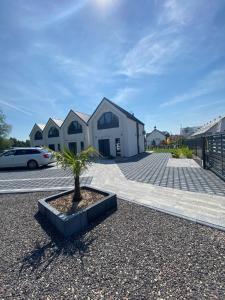 a house with a palm tree in a parking lot at Sorella House in Sianozety