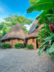 a wooden house with a thatched roof at Valle Bucana in Santa Bárbara de Samaná