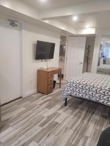 a bedroom with a bed and a television on a wall at Modern studio with kitchenette and bath in Guelph +11 photos