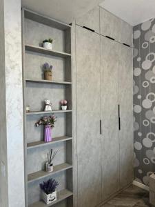 ein Zimmer mit einem Bücherregal mit Topfpflanzen in der Unterkunft Mamaia Nord-Navodari Seaside View in Mamaia Nord – Năvodari