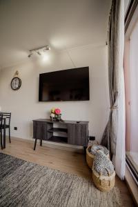 a living room with a flat screen tv on a wall at Departamento con terraza y vista al volcan in Pucón