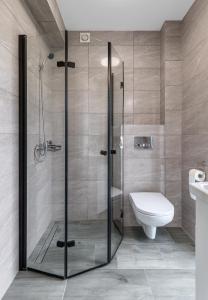 a shower stall in a bathroom with a toilet at Domki Niedźwiadki nad morzem in Kopalino +16 photos