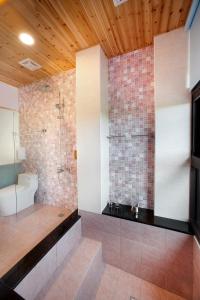 a bathroom with a shower and a toilet at Fairy Story Village Farm B&B in Dongshan