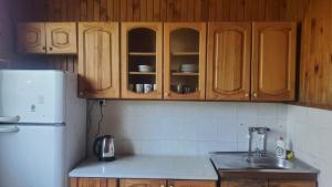 a kitchen with wooden cabinets and a sink and a refrigerator at Holiday Cottage in Ureki, Georgia in Ureki