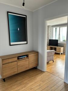 a living room with a flat screen tv on a wall at Apartament Street Art ZASPA - wśród murali in Gdańsk