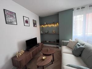 a living room with a couch and a tv at Villemur Cosy in Villemur-sur-Tarn +9 photos