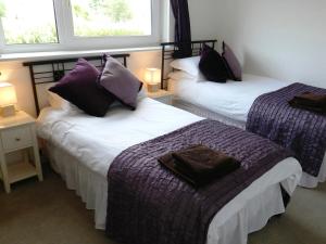 two beds in a room with two windows at Hartholm in Brodick