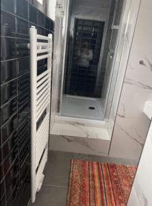 a bathroom with a walk in shower and a mirror at Schöne und gemütliche Wohnung in Holzwickede in Holzwickede