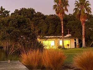 a house with palm trees in front of it at Apple Cider Lodge in Omaha