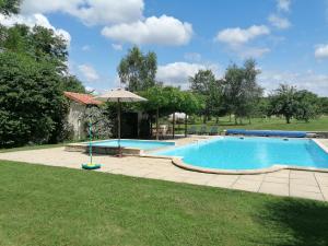 a swimming pool with an umbrella in a yard at Lodge in Saint-Ciers-Sur-Bonnieure in Saint-Ciers-sur-Bonnieure
