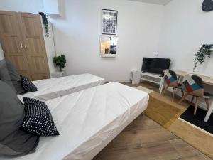 ein Wohnzimmer mit zwei Betten und einem Fernseher in der Unterkunft Studio proche du stade de France in Saint-Denis