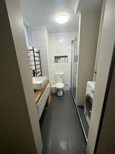 a bathroom with a toilet and a sink and a shower at Zen Queendom - Garden View in Newport