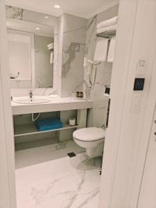 a bathroom with a toilet and a sink and a mirror at Ibiscus Hotel in Rhodes Town