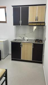 une cuisine avec un évier et des armoires en bois dans l'établissement Villa Nico - Rent Room, à Golem