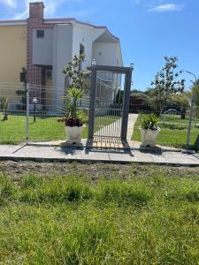 une porte avec deux plantes en pot sur un trottoir dans l'établissement Villa Nico - Rent Room, à Golem