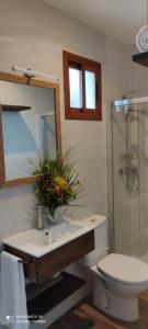 a bathroom with a sink and a toilet and a mirror at Apartamentos Bolonia - M a n u e l a in Bolonia