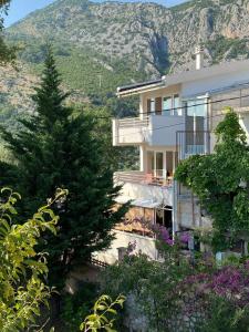 a house with a tree in front of a mountain at White House in Sutomore +2 photos