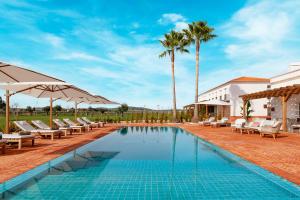 a pool at a resort with chairs and palm trees at Quinta do Paral in Vidigueira