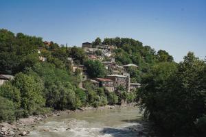a group of houses on a hill next to a river at Old district in Kutaisi