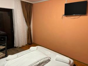 a bedroom with a bed and a flat screen tv on the wall at David și Daria in Vaslui