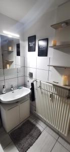 a white bathroom with a sink and a mirror at Apartment mit Garten in Bad Lauterberg