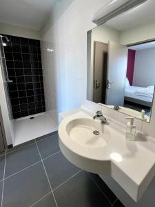 a bathroom with a sink and a mirror at Auberge de Planzolles in Planzolles