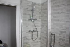 a shower in a bathroom with gray tiles at Le Nid Gambetta in Nevers