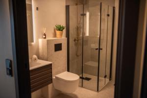 a bathroom with a shower and a toilet and a sink at Penthouse, heart of city center, high standard in Stavanger +31 photos