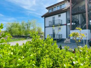 a white building with balconies and bushes at Vila Salzburg in Ocna Sibiului