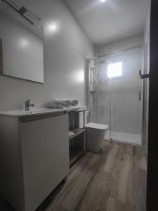 a bathroom with a sink and a shower and a toilet at Apartamentos Bolonia - M a n u e l a in Bolonia