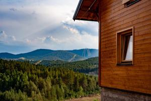 a log cabin with a view of the mountains at Family 4M in Zlatibor