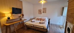 ein kleines Zimmer mit einem Bett und einem Fernseher in der Unterkunft Limiria Studio in Santa-Maria-Poggio