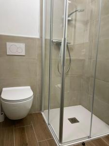 a bathroom with a shower and a toilet at Chalet Scoiattolo Residence Sussy in Falcade