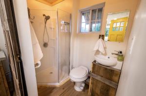 a bathroom with a toilet and a shower and a sink at Schuyler Yacht Basin in Schuylerville