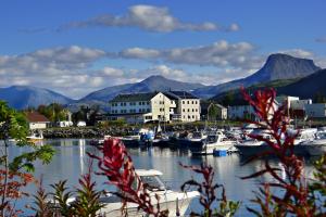 a group of boats docked in a harbor with mountains at Reisafjord Hotel in Sørkjosen