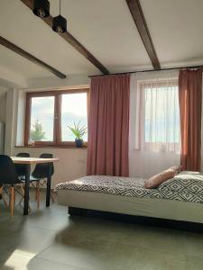 a bedroom with a bed and a table and a window at Apartamenty u Anety in Wilkasy