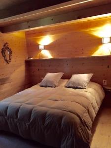 ein Schlafzimmer mit einem großen Bett und zwei Kissen in der Unterkunft Chalet Charm in Molare