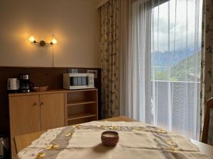 a hotel room with a microwave and a window at Haus Aichmann in Schladming