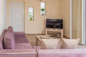 a living room with two purple couches and a tv at Mariana Sea View Apartment in Kefallonia