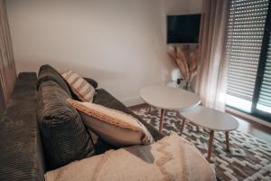 ein Wohnzimmer mit Sofa und Tisch in der Unterkunft Le Terra Cholet - T2 Centre - Terrasse - Parking - 25 min Puy duFou in Cholet