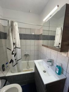 a bathroom with a sink and a toilet and a mirror at Maison Olga in Valanidorachi +26 photos