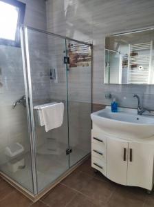 a bathroom with a glass shower and a sink at Apart-Hotel Shell in Tbilisi City