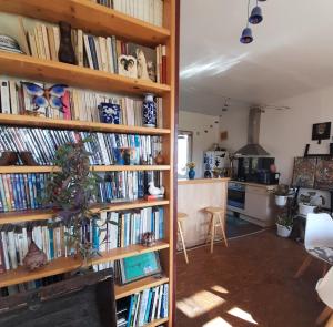 a room filled with wooden shelves filled with books at Guernazelles in Le Controis En Sologne