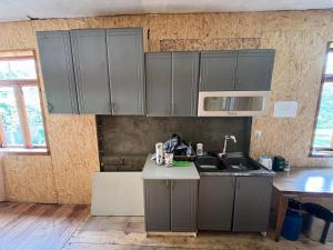a kitchen with gray cabinets and a sink at Tsknari Oda in Oni +33 photos