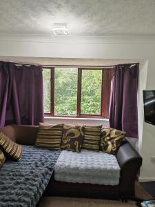 a couch sitting in a room with purple curtains at Spacious flat with free parking in Croydon in Croydon