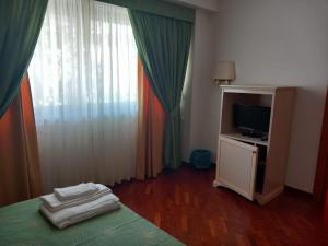 a room with a bed and a television and a window at Alma Hotel San Giorgio in San Giorgio Lucano