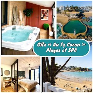 TréveneucにあるAu Ty Cocon,avec Jaccuzi privatif à 950 m de la plages et du GR34のスパとプールの写真のコラージュ