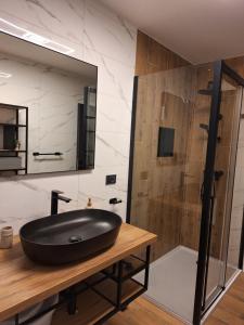 a bathroom with a black sink and a shower at Apartment Mija Rabac with free parking in a garage in Rabac +23 photos