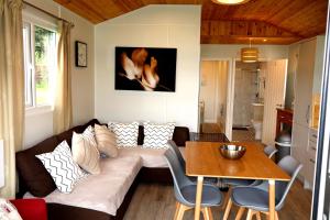 a living room with a couch and a table at Cabin Cynthia in Llwyngwril